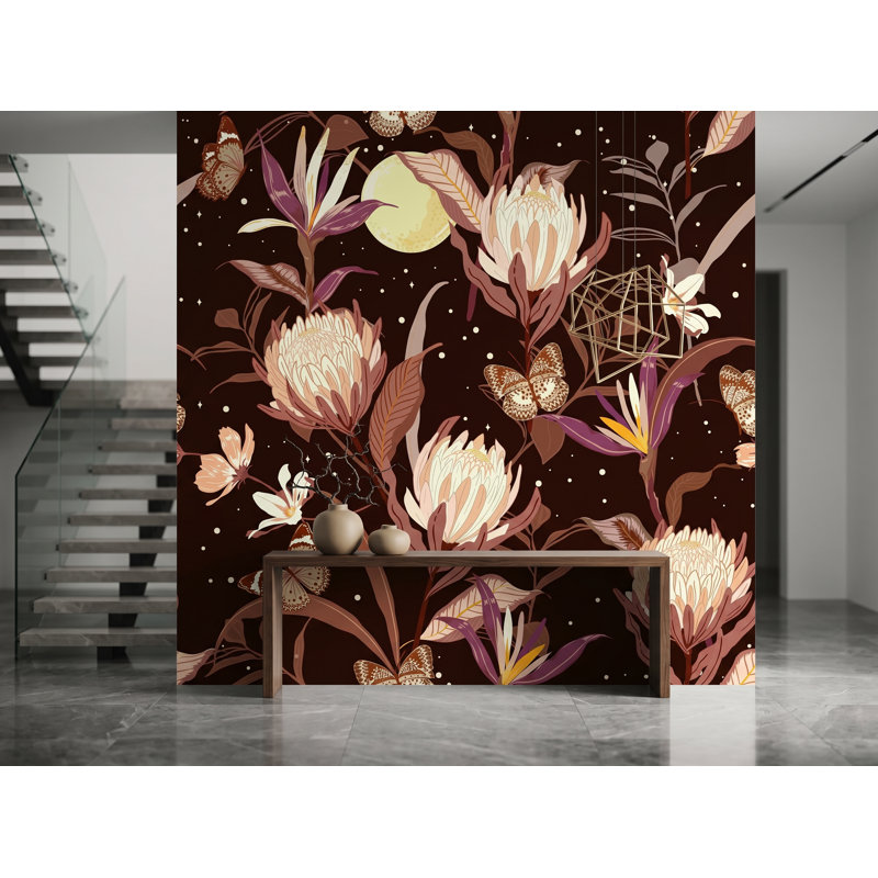 Panneau de papier peint adhésif brun floral L 8,33 pi x l 100 po, l 125 po x H 125 po, vinyle autocollant, 125"W x 125"H