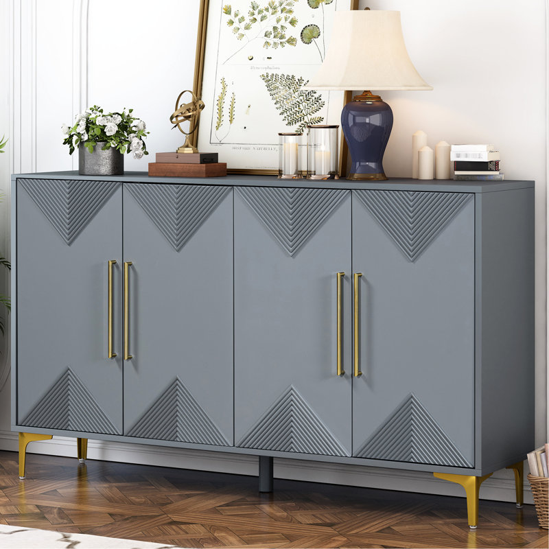 Armoire contemporaine avec portes triangulaires - Option de couleur bicolore Design géométrique à quatre portes gris Rangement polyvalent pour espaces de vie, tablettes réglables, style