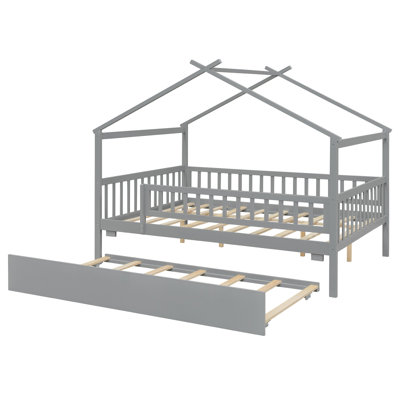 Lit double en bois avec lit gigogne simple, gris (VIEUX SKU: LP000306AAE)