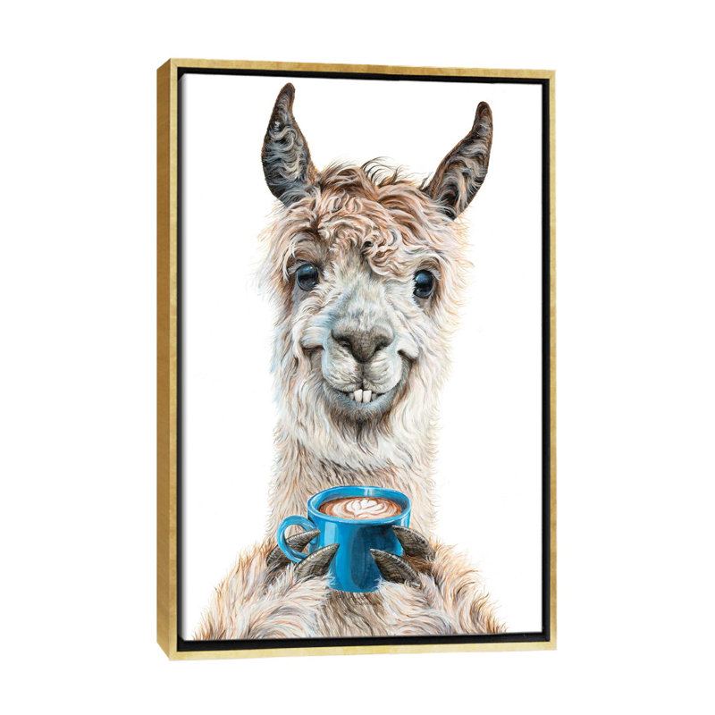 «Llama Latte» par Holly Surant - reproduction d'art, H 26 po x l 18 po x 1,5 po, Toile encadrée d'or, Pas de tapis
