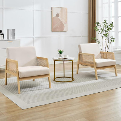 Ensemble de 2 chaises d'appoint rembourrées Boucle avec dossier en rotin, accoudoirs et pieds en bois - Style rétro pour le salon, la chambre à coucher ou le meuble-lavabo, ivoire