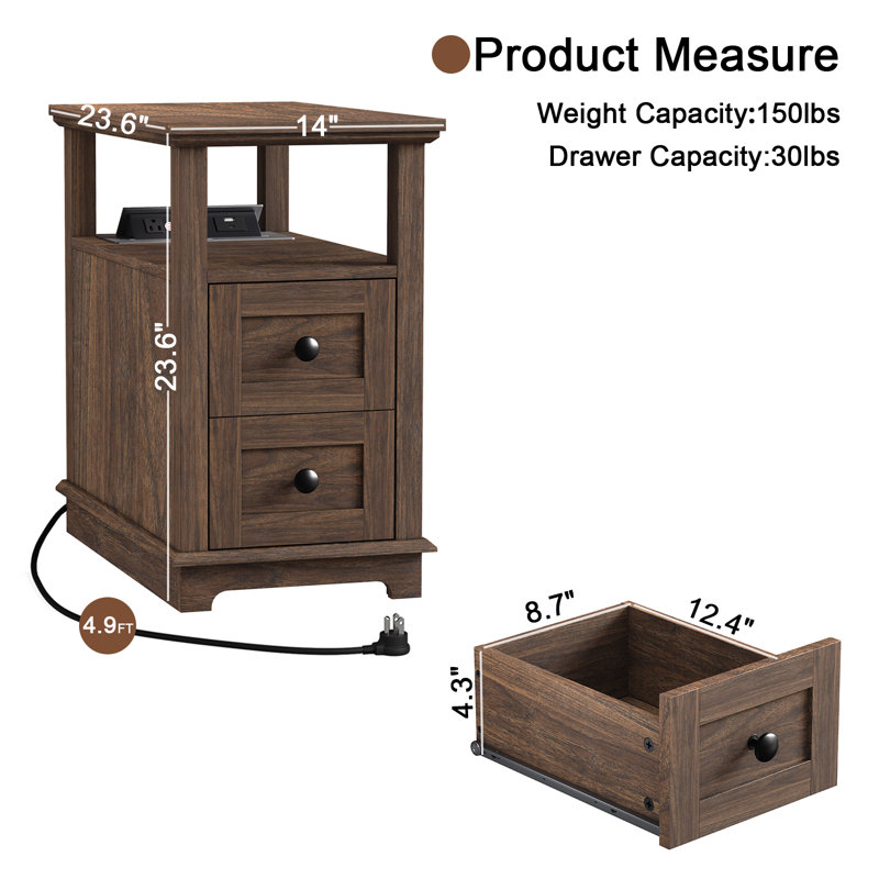 Ayame 2 - Drawer End Table With Storage and Fast Charging Station, Dark Walnut