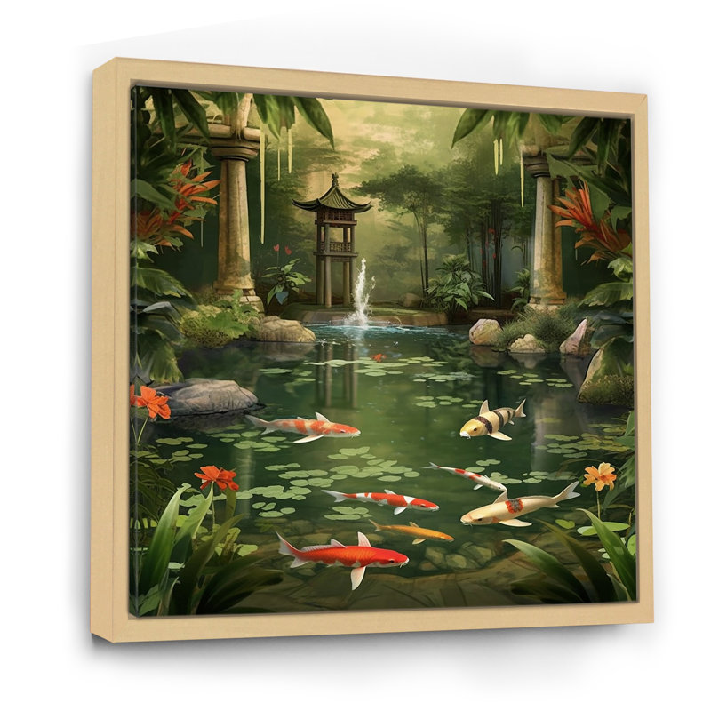 Bamboo And Koi Pond Showcase I On Canvas Print, 36" H x 36" W, Maple Floater Framed