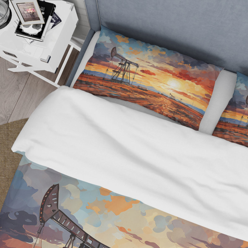 Ensemble de housse de couette Orange Oil Rigs Pumpjack In Texas I BeddingMicrofiber / Polyester