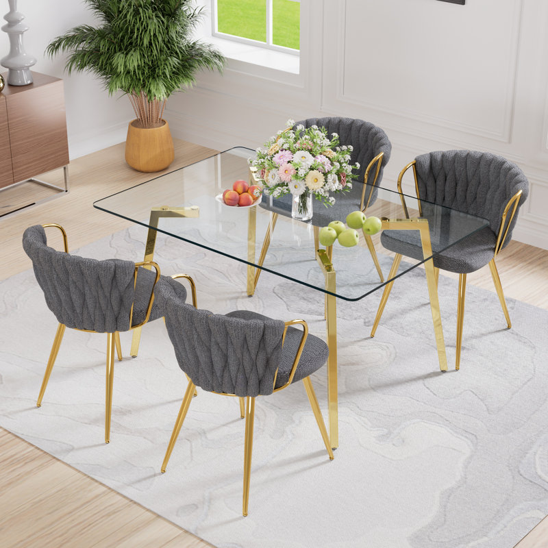 Ensemble de table de salle à manger rectangulaire en verre avec chaise en velours, 5, Gris