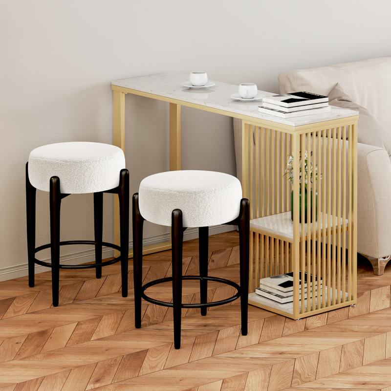 Chaise de salle à manger moderne sans dossier, 2 pièces, tissu blanc bouclé, base en métal stable, coussin respirant pour tabourets de maison de 23,6 po de hauteur, cuisine assise