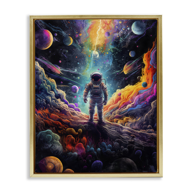 Astronaute sur la planète, art mural encadré par Nina Blue, H 31 po x l 25 po, Cadre flottant métallique doré