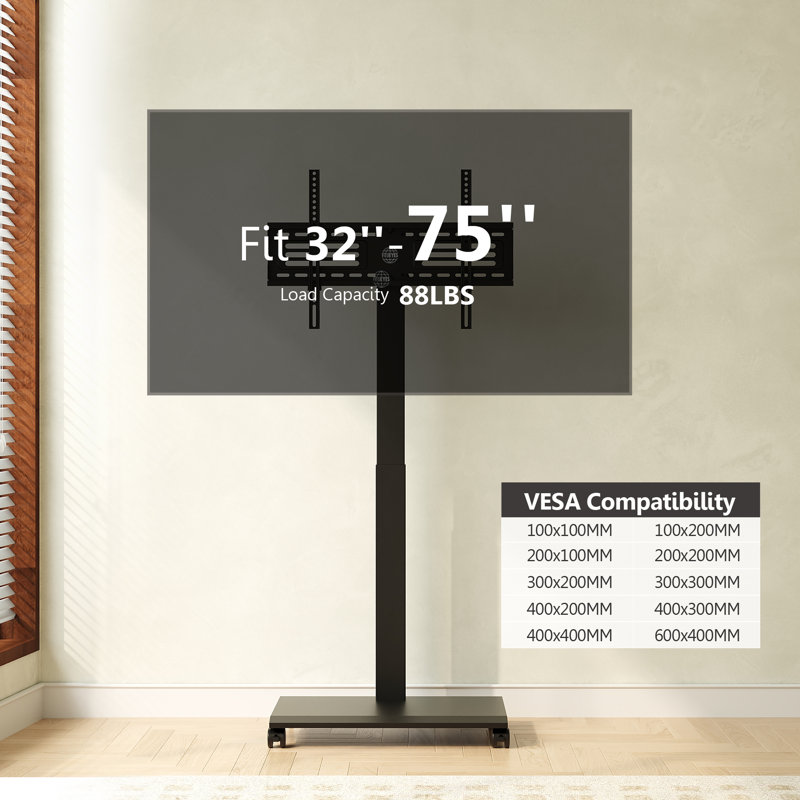 Rolling TV Stand With Hand Crank Lift For 32-75 Inch TVs, Height Adjustable and Swivel and Tilt Floor TV Stand, Hold Up To 88 Lbs