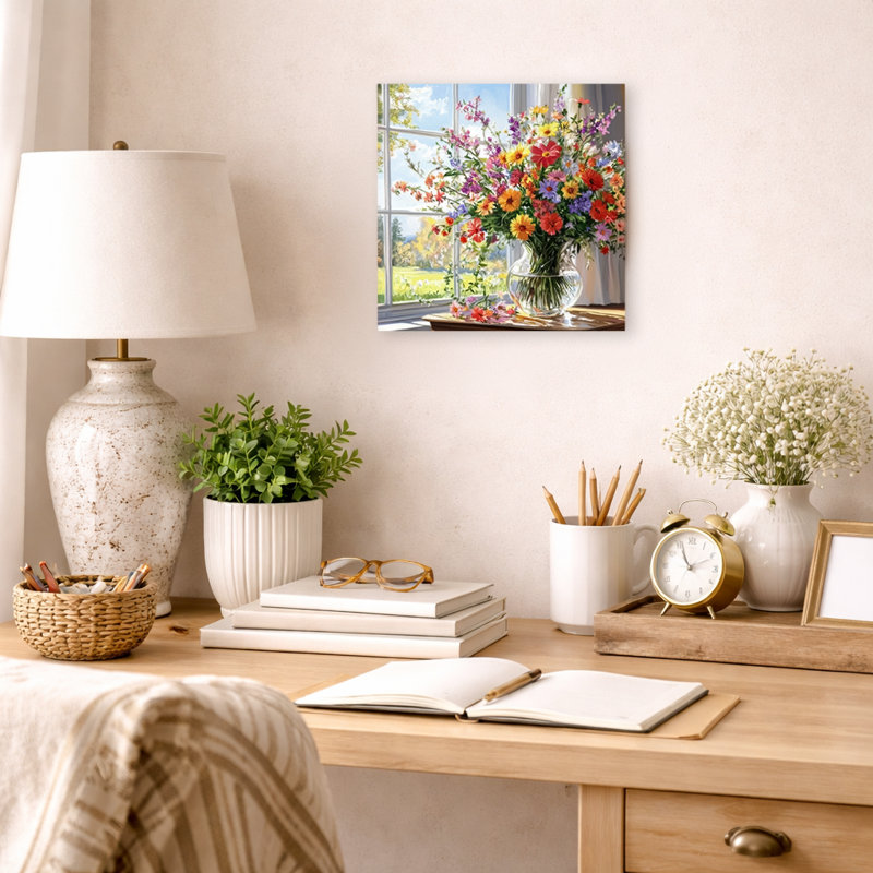 Printemps, fenêtre, jardin, toile tendue, art mural, 12"W x 12"H x 1"D
