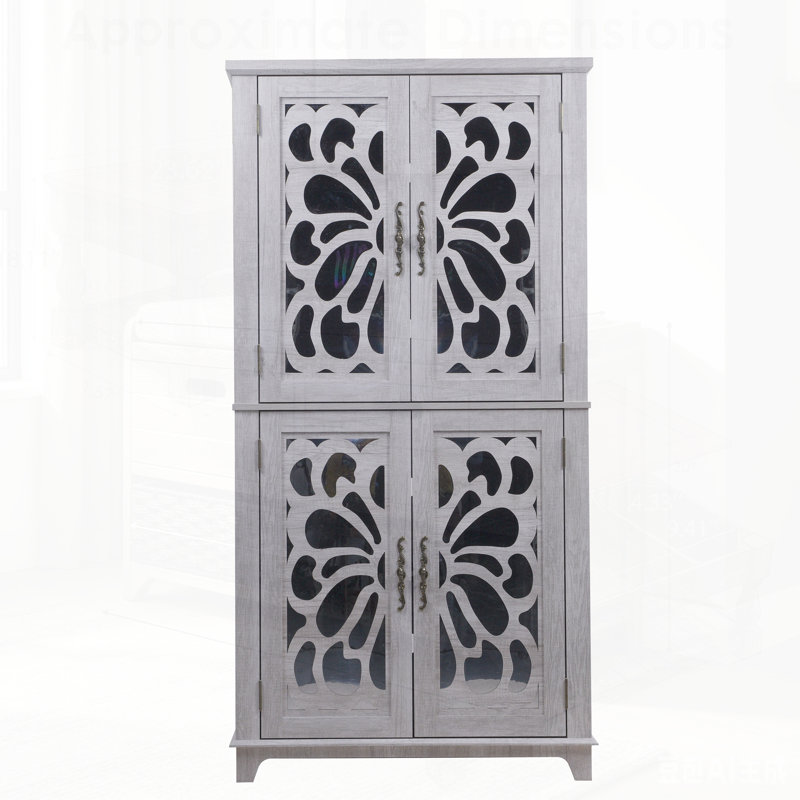Armoire d'appoint à miroir à 4 portes gris clair avec tablettes réglables pour un rangement polyvalent et une présentation dans n'importe quelle pièce