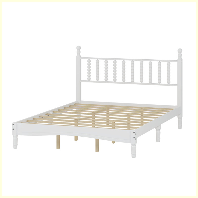 Queen Size Wood Platform Bed with Gourd Shaped Headboard,Retro Style Platform Bed with Wooden Slat Support, White