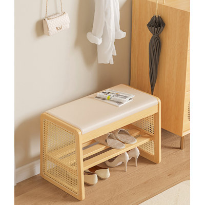 Simple Pine Wood Rattan Integrated Shoe-Changing Bench