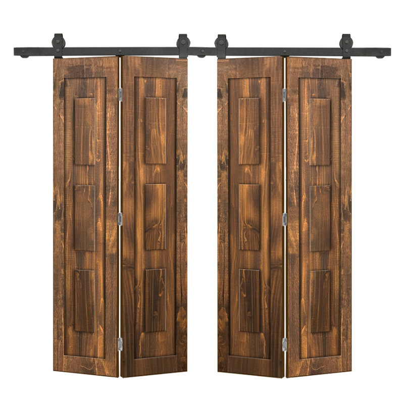 Ensemble de quincaillerie pour porte de grange coulissante en bois de pin 3 panneaux, Noyer, 52 po x 84 po