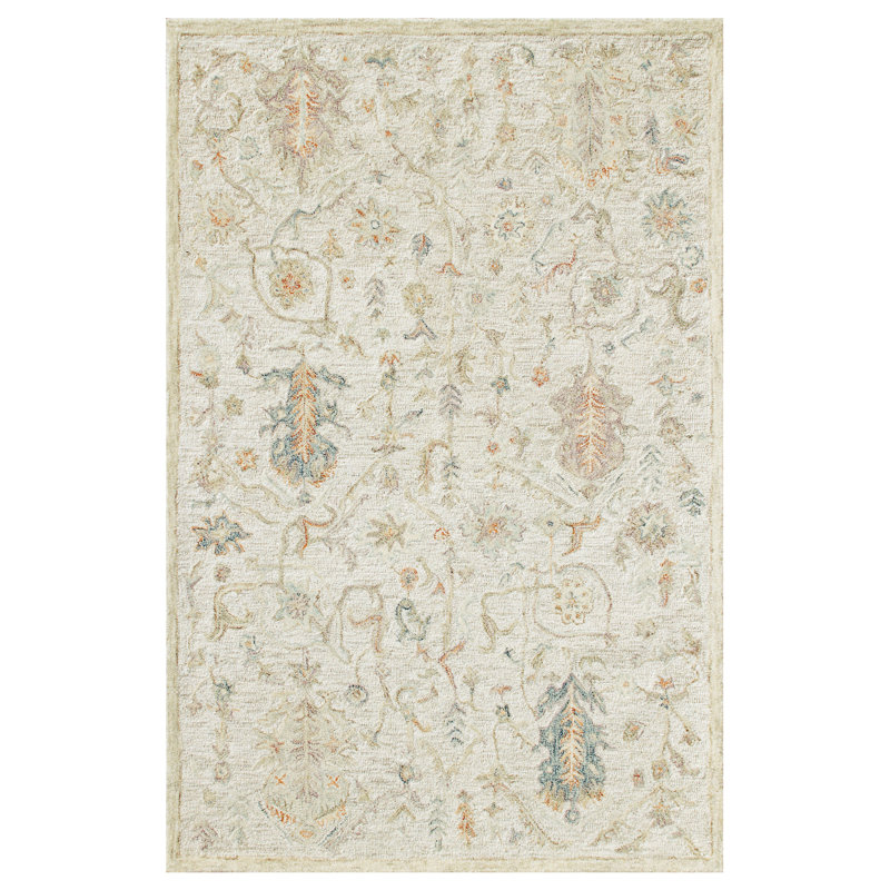 Floral Hand Tufted Wool Area Rug in Cream/Taupe/Blue, Rectangle 2' x 3'