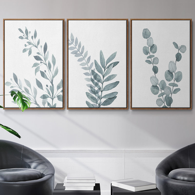 «Blue Botanical Wash I», ensemble de 3 cadres flottants sur toile, Noyer, H 36 po x l 72 po