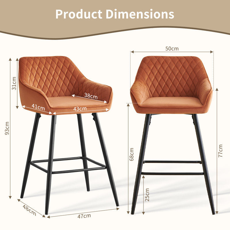 Upholstered Counter Stool with Metal Frame, Orange Velvet