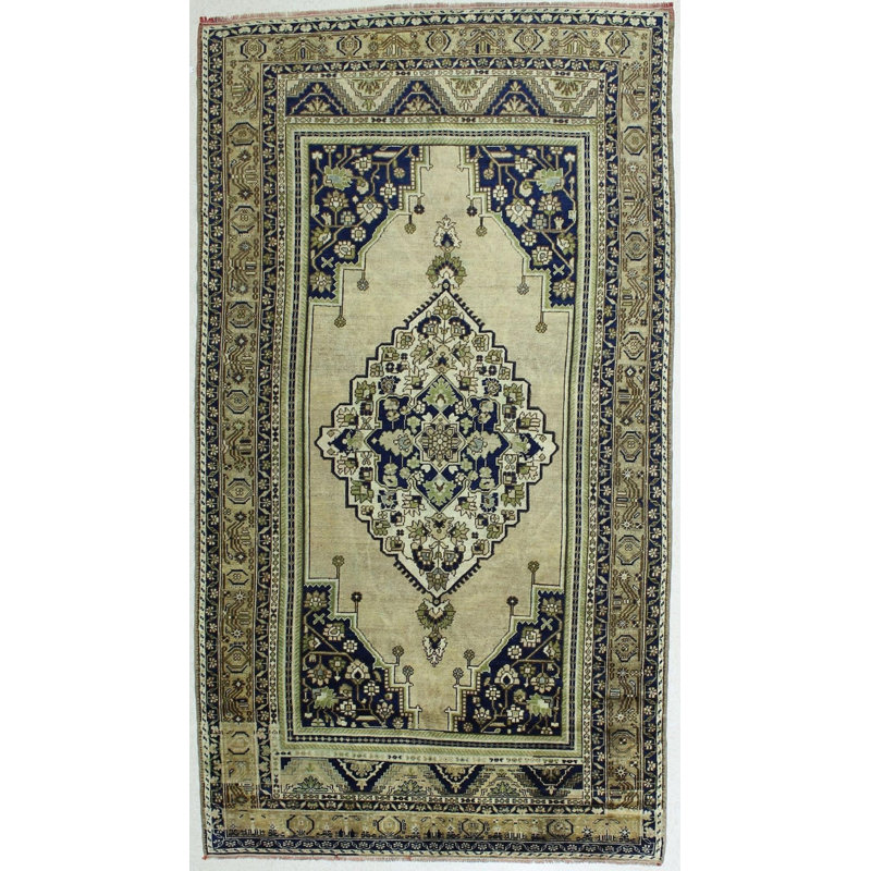 Tapis en laine beige noué à la main de conception unique de 6 pi x 10 pi 9 po Ludvina