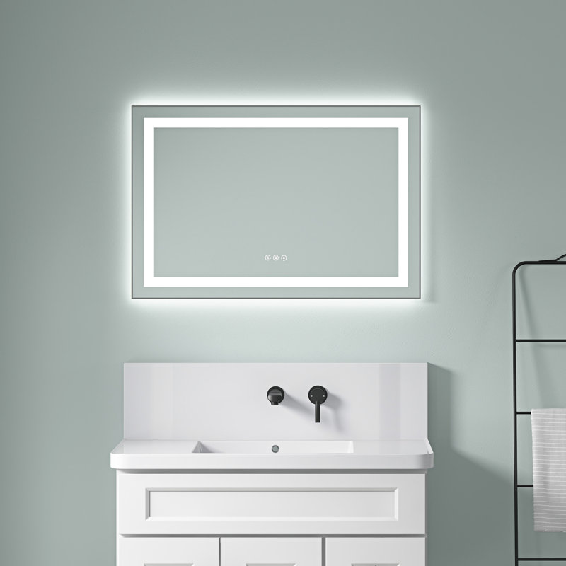 Miroir de salle de bain 36 po x 24 po à DEL avec façade et rétroéclairage, miroir de meuble-lavabo mural avec cadre en aluminium, antibuée, mémoire, 3 couleurs, gradation continue