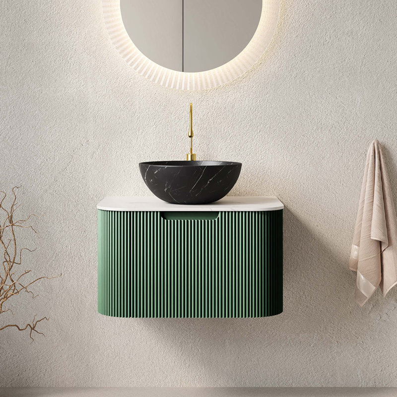 Meuble-lavabo flottant avec lavabo en céramique et plateau en pierre frittée, Blanc ; noir