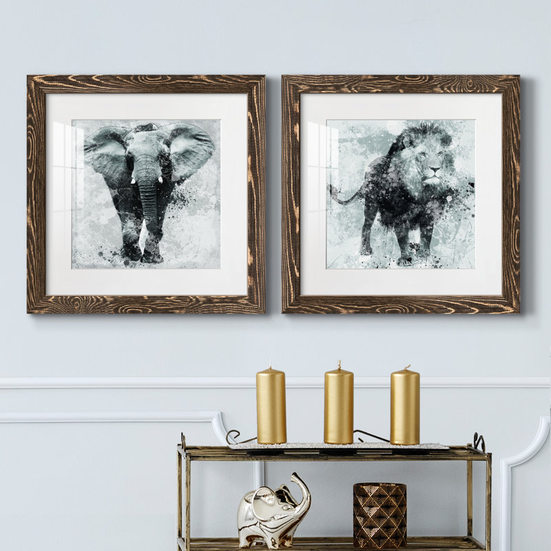 Proud Elephant - ensemble de 2 impressions encadrées, H 20 po x l 40 po x P 1,5 po, Encadré de bois de noyer