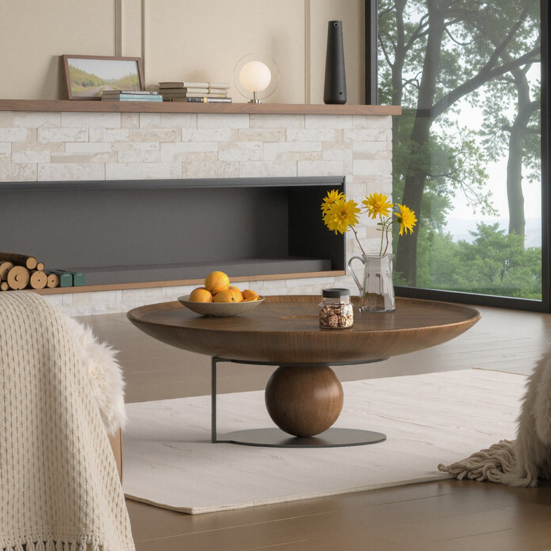 Kemare Walnut Round Wood Coffee Table With Spherical Base & Carbon Steel Frame