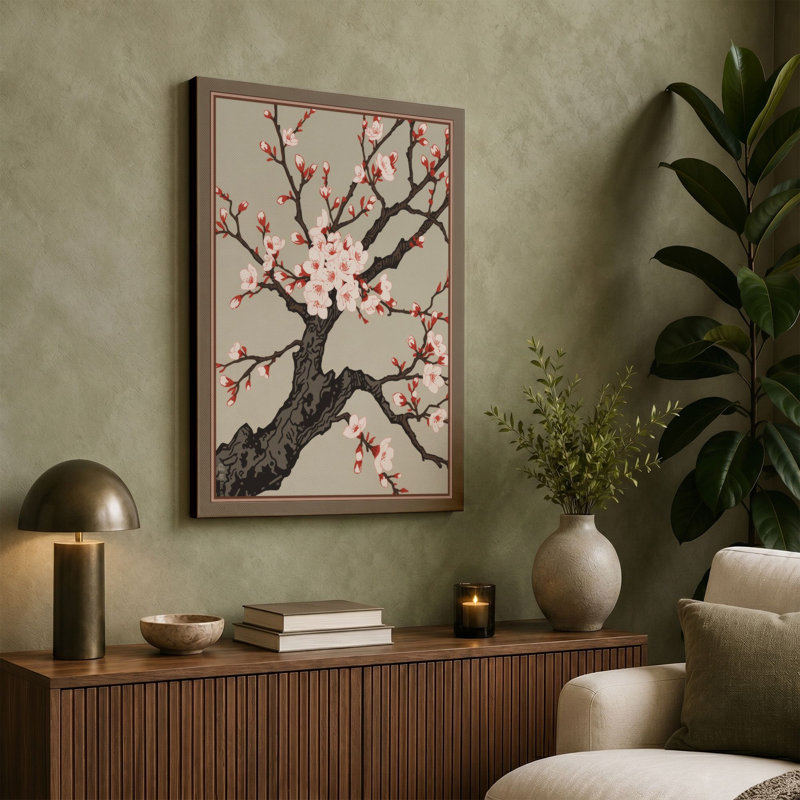 Spring Blossom Branch Japandi - Wrapped Canvas, 36x24 - 91.4 x 61.0 cm, Sage Border