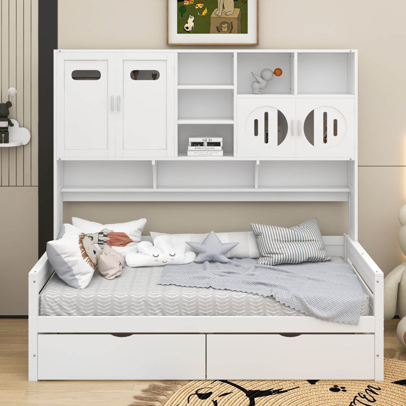 Lit de jour en bois avec tiroirs, Simple, Blanc