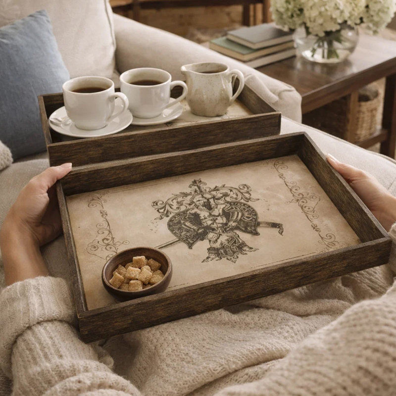 Decorative Serving Tray Set Of 2, Vintage Emblem Design, Cream Brown