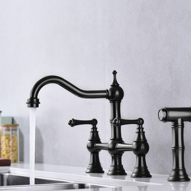 Bridge Style Kitchen Faucet With Dual Handles In Matte Black And Pull-Out Side Spray, 360 Turning High Penetrating, Rust, , Leak-, Brass Produced Handle Rotating Flow, Fabricated