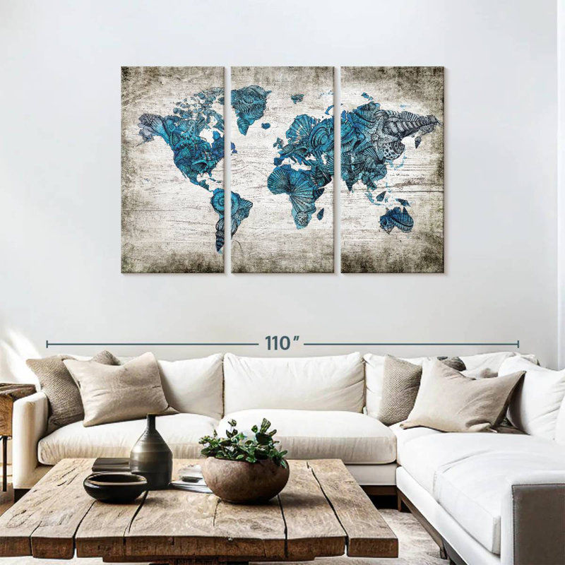 Carte du monde nautique rustique Aliaz, H 48 po x l 74 po