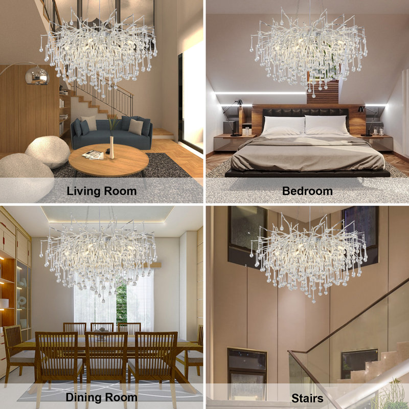 Akari Tree Branch Teardrop Chandelier Lighting, D24", Silver