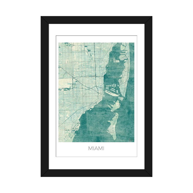 « miami rétro bleu aquarelle urban blueprint map », impression sur toile, H 32 po x l 24 po x P 1 po, Papier avec cadre noir