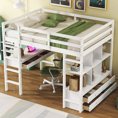 Full Size Wooden Loft Bed With Integrated Work Desk, Dual Built In Drawers And Extra Storage Shelving Units, White