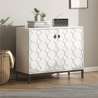 Cabinets | Modern Snow White Glossy Accent Storage Cabinet with Interior Shelf, Gold Metal Legs, 31.88"H | MDF+Steel | Bedroom