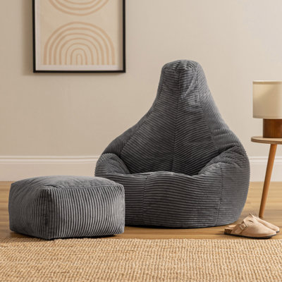 icon Dalton Cord Adults Bean Bag Recliner and Pouffe, Ready Filled Beanbag and Footstool Navy Blue