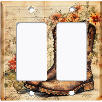 Couvercle de plaque d'interrupteur en métal; Bascule GFI de taille standard US à 2 bandes - Bottes de cowboy occidentales florales rustiques