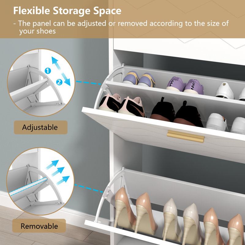White MDF Shoe Storage Cabinet with Gold Metal Handles