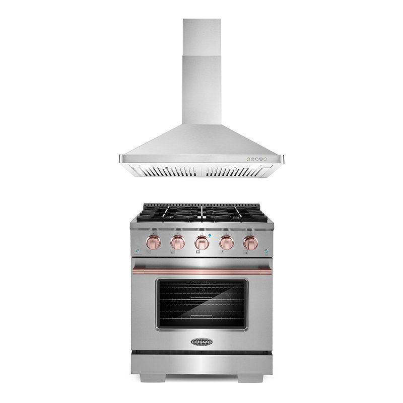 Ensemble d'appareils de cuisine 3 pièces Cosmo avec cuisinière à gaz autoportante 30 po et hotte murale, Or rose