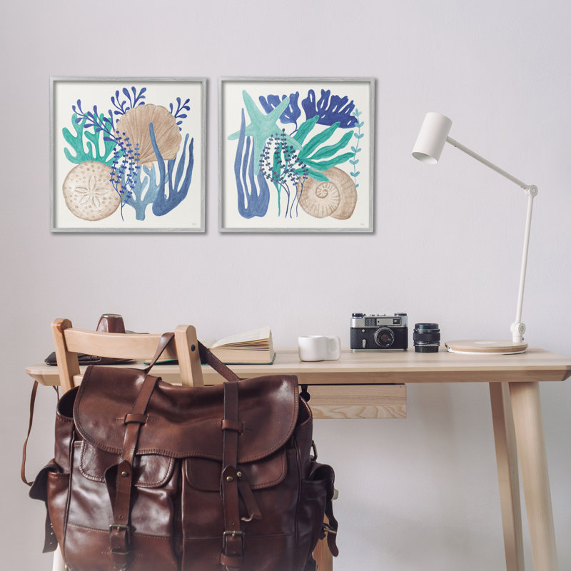  "Coastal Coral & Seashells", ensemble de 2 giclées par Véronique Charron, H 17 po x l 17 po, Estampe numérique Farmhouse
