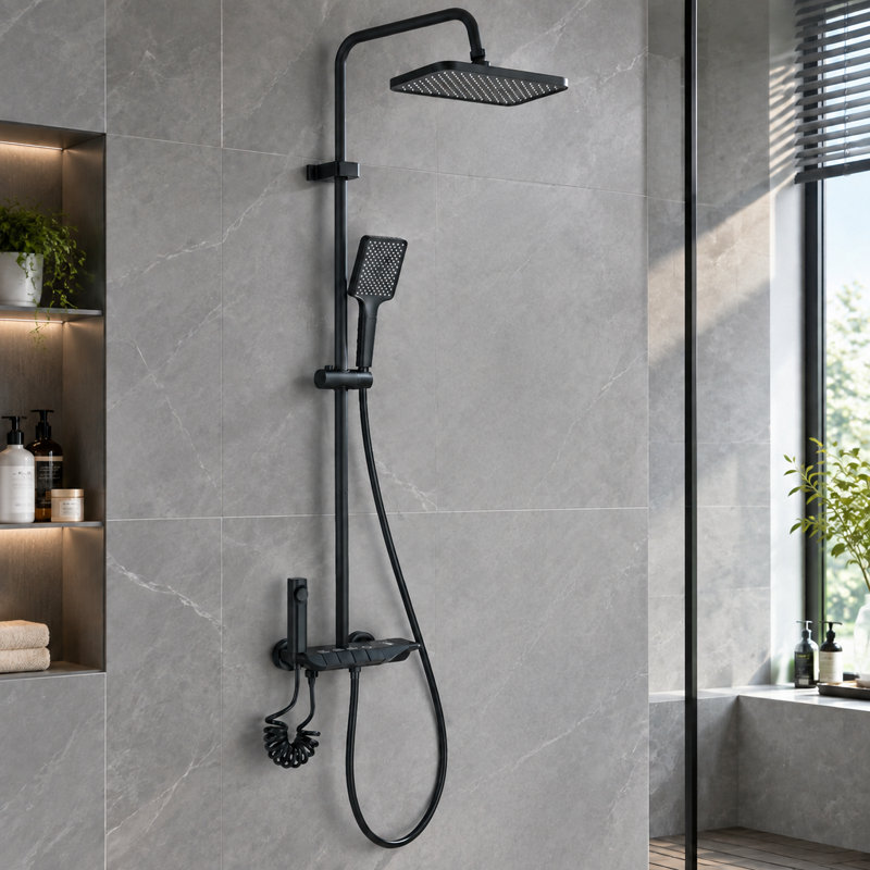 Matte Black Shower Faucet Set, Piano 4-Button Shower System, ABS, 4 Spray Modes, Rectangular Rain Shower Head with Handheld Showerhead and Spray Gun