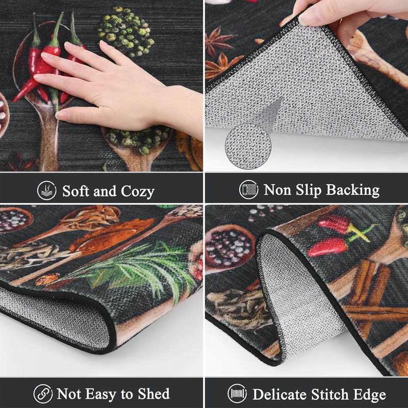 Farmhouse Non Slip Washable Kitchen Mats (Set of 3), Black