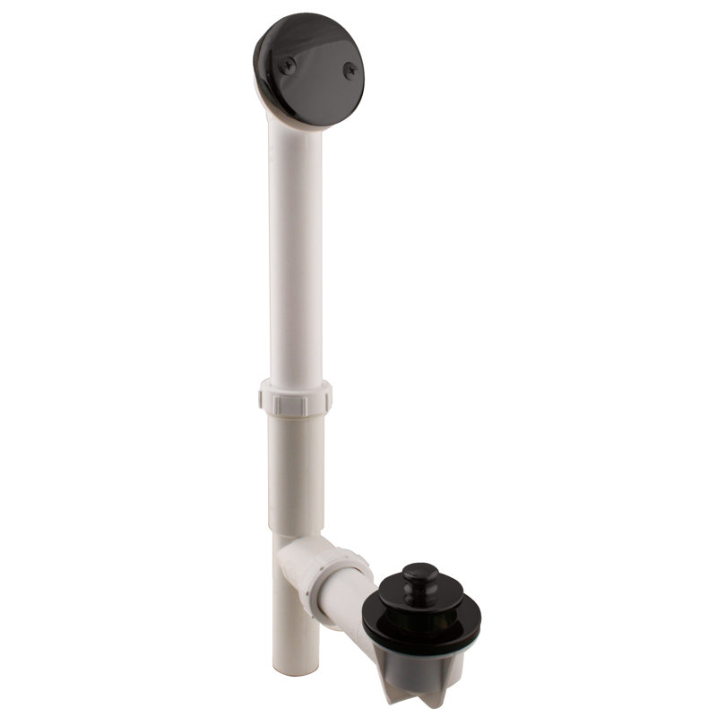 14" White Polypropylene Pull To Open Bathtub Leg Drain Assembly with Two-Hole Overflow , Matte Black