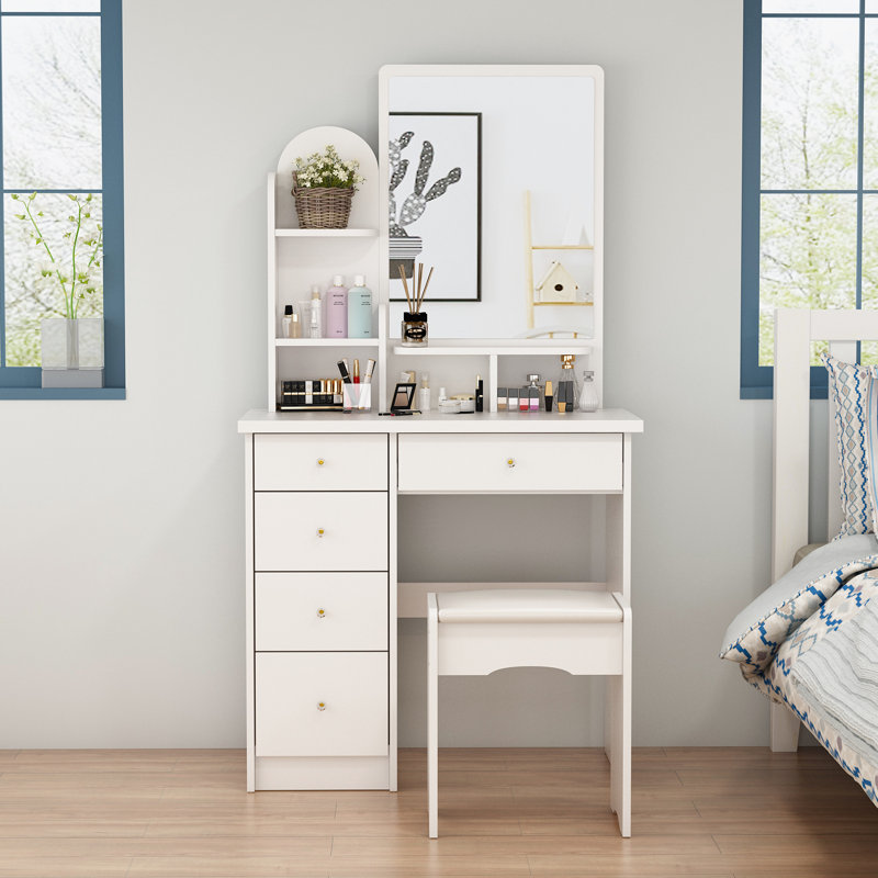 Ensemble de meuble-lavabo large 31,5 po avec tabouret et miroir Vitomir, Blanc ivoire, Yes