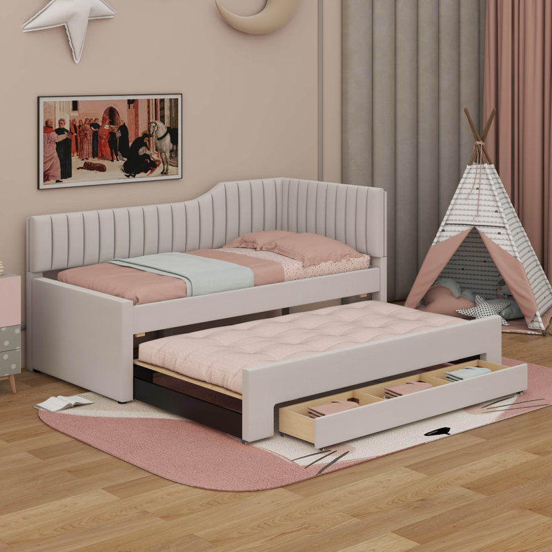 Upholstered Daybed With Trundle And Drawers, Beige, Twin