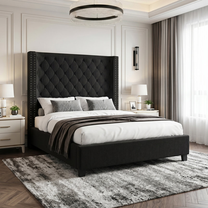 Charette Upholstered Wingback Bed, King, Dark Gray