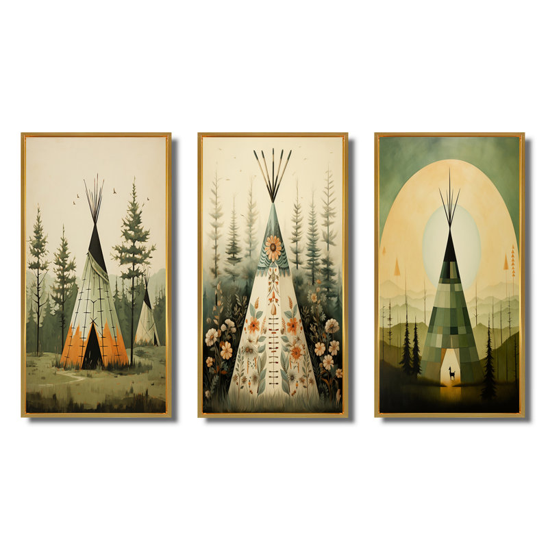 «Green Native Tipi Serenity In Nature», 3 pièces sur toile, Cadre flottant doré, H 28 po x l 36 po