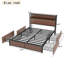 Structure de grand lit, bois franc d'ingénierie brun, structure en acier renforcé, tiroirs de rangement, douille dans la tête de lit, taille de chambre à coucher avec grand motif surélevé, quatre tiroirs et chic idéal pour