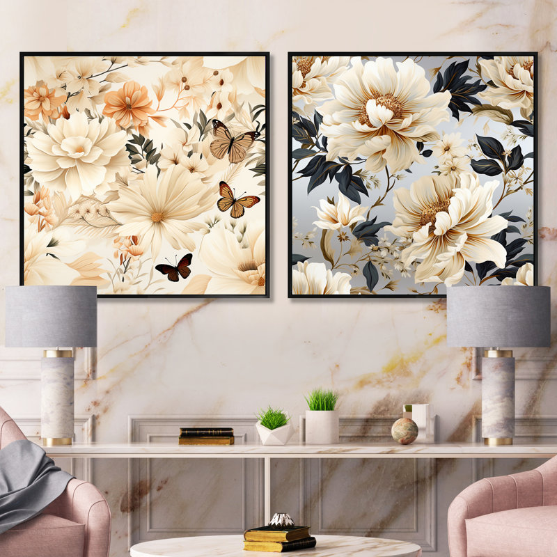 Maisons - Ensemble de 2 collages carrés floraux, Cadre flottant noir, H 36 po x l 73 po