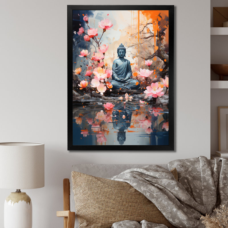 Floral Buddha In Meditation I sur impression sur toile, H 32 po x l 16 po x P 1 po, Cadre simple noir