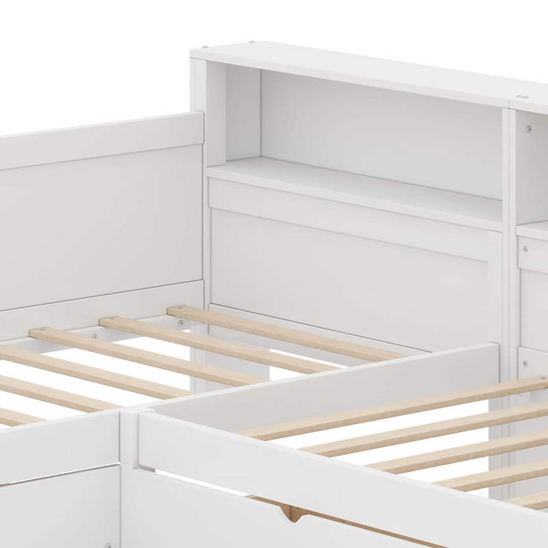 Lit de jour simple avec 3 tiroirs de rangement, structure de lit d'angle en bois en forme de L avec bibliothèque, Blanc